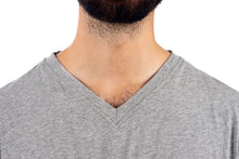 Load image into Gallery viewer, Grey-mens-v-neck-t-shirt-neckline-detail-view
