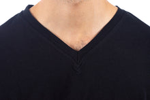 Load image into Gallery viewer, Black-mens-v-neck-t-shirt-neckline-detail-view
