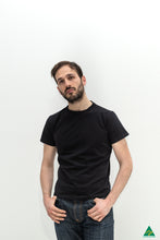 Load image into Gallery viewer,     Black-mens-crew-neck-short-fit-t-shirt-front-pose-view.jpg
