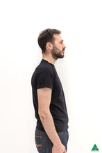 Load image into Gallery viewer, Black-mens-crew-neck-short-fit-t-shirt-side-view.jpg
