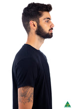 Load image into Gallery viewer, Black-mens-crew-neck-t-shirt-side-closeup-view.jpg
