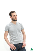 Load image into Gallery viewer, Grey-mens-v-neck-short-fit-t-shirt-front-pose-view.jpg
