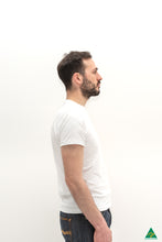 Load image into Gallery viewer, White-mens-crew-neck-short-fit-t-shirt-side-view.jpg
