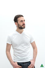 Load image into Gallery viewer, White-mens-v-neck-short-fit-t-shirt-front-pose-view.jpg
