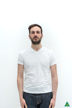 Load image into Gallery viewer, White-mens-v-neck-short-fit-t-shirt-front-view.jpg
