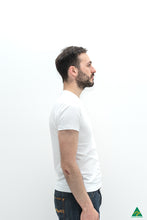 Load image into Gallery viewer, White-mens-v-neck-short-fit-t-shirt-front-pose-view.jpg

